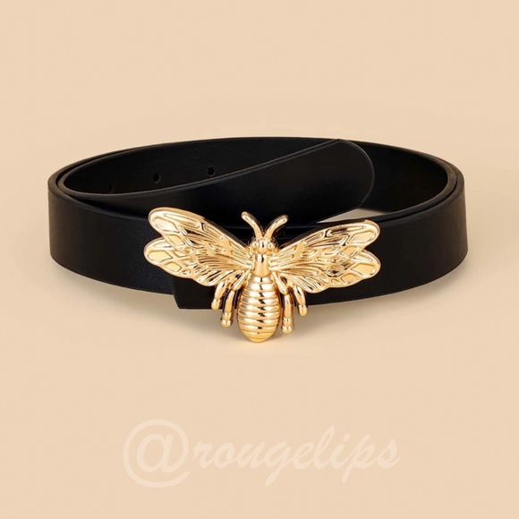 Rouge! Accessories - Black Skinny Belt Gold Tone Bee Embellishment